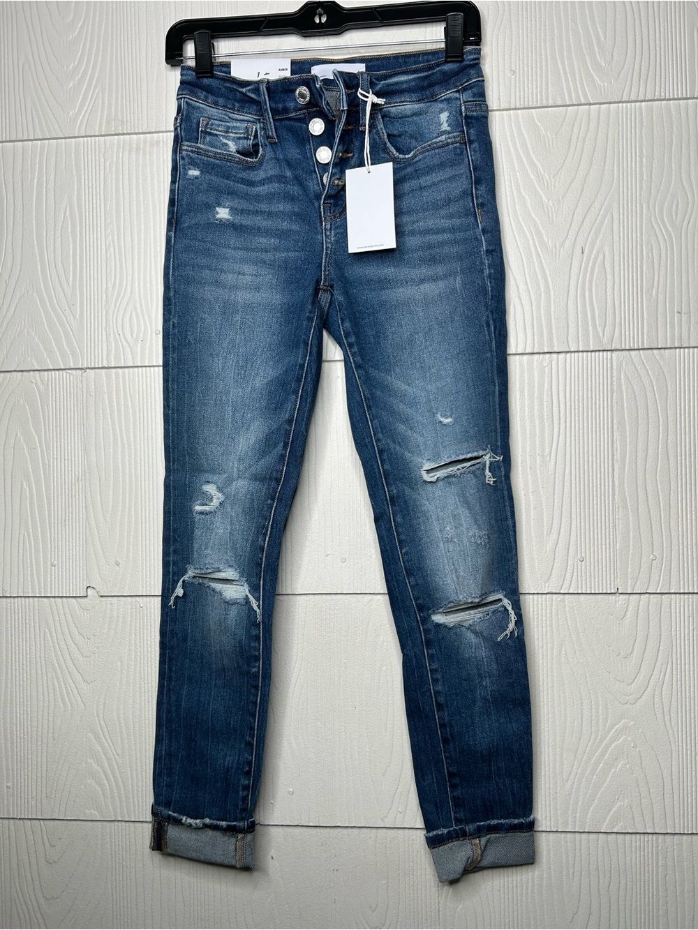 Button-Fly Distressed Skinny Jeans in Dark Blue
